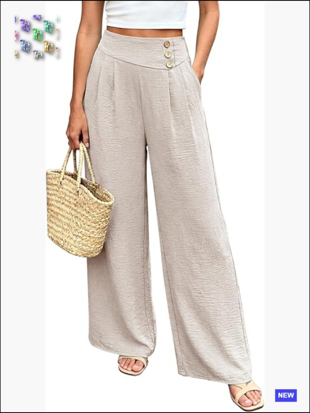 High-Waist Wide Leg Pants with Side Button Detail — Cream